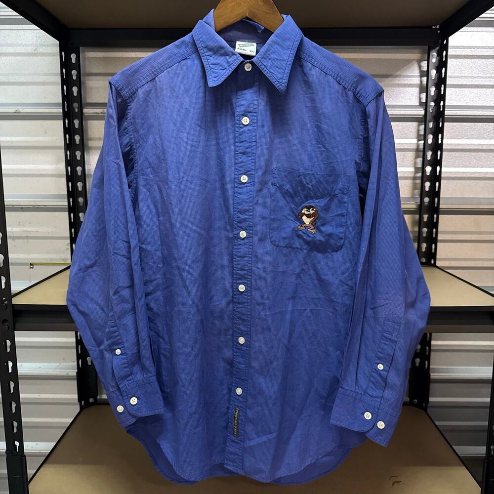 Vintage 90s Looney Tunes Taz Warner Bros Button Up Shirt Blue XS Unisex